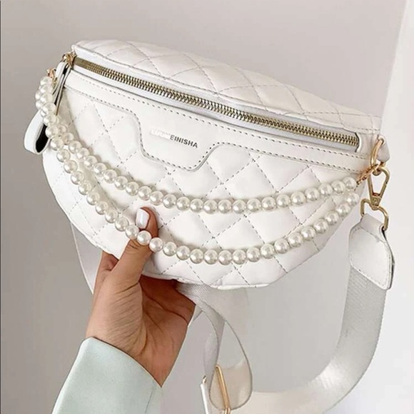 Fanny pack Pearl bead strap handbag quilted white womens - Picture 2 of 7
